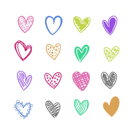 Sixteen handmade colorful vector hearts in different colors and styles.のイラスト素材