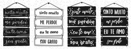 Four Brazilian Portuguese Pallet Lettering. Translation: "I am really sorry" "Forgive me" "I love you" "I'm grateful"のイラスト素材