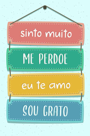 Colorful Pallet Lettering in Brazilian Portuguese. Translation: "I am really sorry" "Forgive me" "I love you" "I'm grateful"のイラスト素材