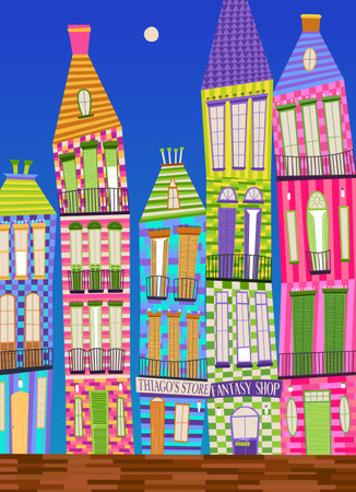 Colorful fantastic tall houses. Hand-drawn illustration with vibrant colors.のイラスト素材