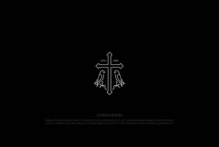 Simple Minimalist Christian Jesus Cross with Dove Pigeon Line Outline for Church Chapel Logo Design Vectorのイラスト素材