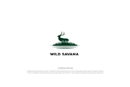 Wild Deer Antler with Grass Reed Savanna and Lake River Creek for Wildlife Adventure Logo Design Vectorのイラスト素材