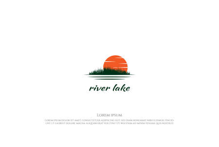 Sunset Sunrise with Grass Lake Creek River Logo Design Vectorのイラスト素材