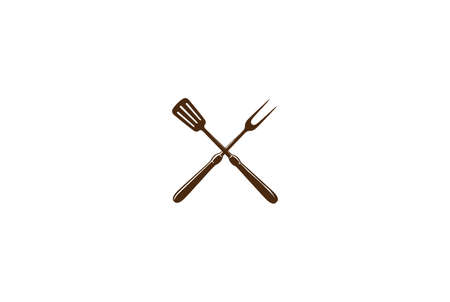 Rustic Retro Vintage Crossed Fork and Spatula for BBQ Barbecue Grill Logo Design Vectorのイラスト素材