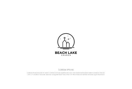 Sunrise Sunset or Moon Star Church with Lake River Creek Line Outline Logo Design Vectorのイラスト素材