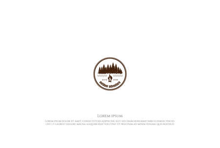 Pine Cedar Conifer Coniferous Evergreen Fir Larch Cypress Hemlock Tress Forest and River Lake Creek and Bonfire for Camp Outdoor Adventure Logo Design Vectorのイラスト素材