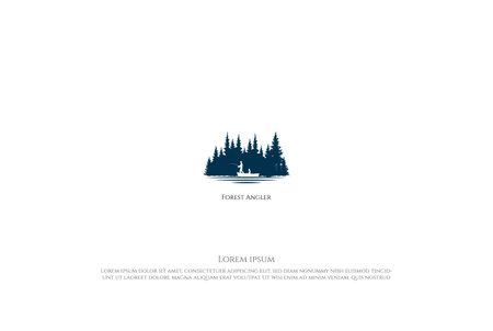 Pine Cedar Conifer Coniferous Evergreen Fir Larch Cypress Hemlock Tress Forest with Angler Man Boat Fishing Outdoor Adventure Logo Design Vectorのイラスト素材