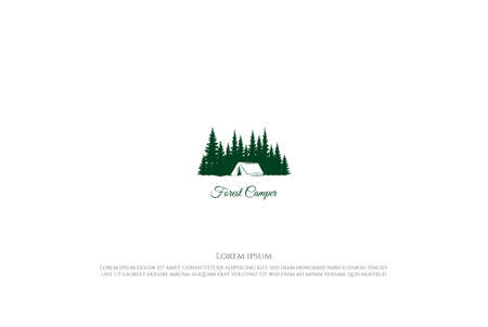 Pine Cedar Conifer Coniferous Evergreen Fir Larch Cypress Hemlock Tress Forest and River Lake Creek and Bonfire for Camp Outdoor Adventure Logo Design Vectorのイラスト素材