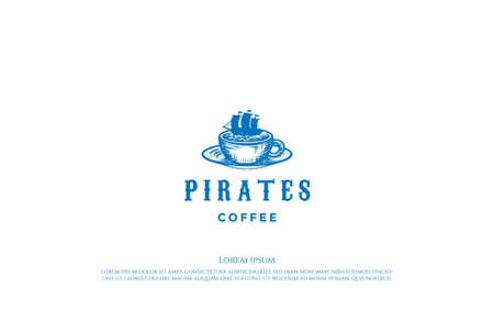 Vintage Retro Boat Ship with Coffee Mug for Cafe Restaurant Logo Design Vectorの写真素材