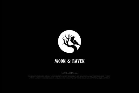 Black Dark Night Moon Raven with Dry Branch Tree Logo Design Vectorのイラスト素材