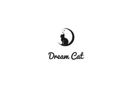 Retro Crescent Moon with Cat Kitty Silhouette for Dream Logo Design Vectorのイラスト素材