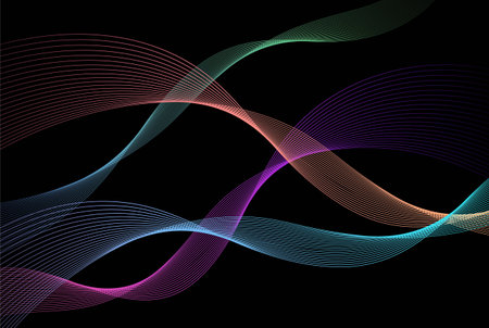 Dark Black Background with Colorful or Multicolor Wave Line. Vector Illustration