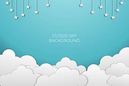 Blue Sky with Paper Cut Clouds and Star Background. Vector Illustrationのイラスト素材