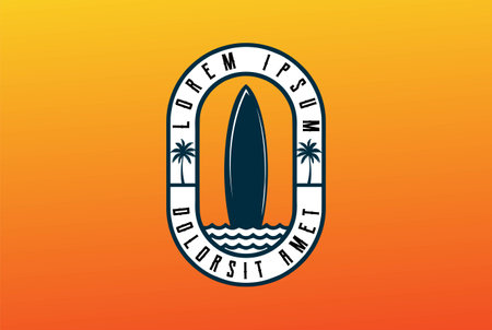 Vintage Retro Surf Board with Palm Beach for Sport Club Badge Logo Design Vectorのイラスト素材