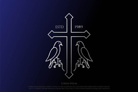 Simple Minimalist Christian Jesus Cross with Dove Pigeon Line Outline for Church Chapel Logo Design Vectorのイラスト素材