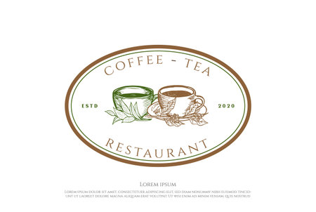 Retro Vintage Coffee Tea Cup Mug Leaf Cafe Restaurant Logo Design Vectorのイラスト素材