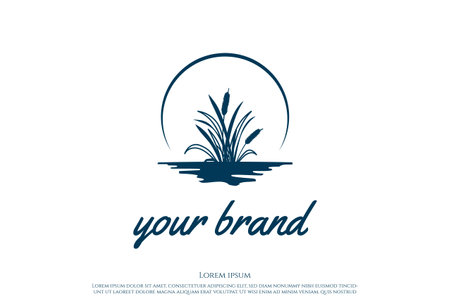Simple Minimalist Sunset Sunrise or Moon with Grass Cattail Reed River Creek Lake Swamp Logo Design Vectorのイラスト素材