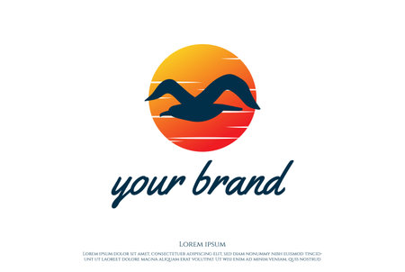 Sunset Sunrise Flying Seagull Bird Silhouette Logo Design Vectorのイラスト素材