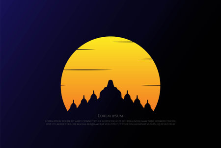 Simple Minimalist Sunrise Sunset Borobudur Temple Statue Logo Design Vectorのイラスト素材