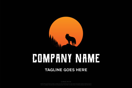 Sunset Sunrise with Wolf Jackal and Mountain Forest Logo Design Vectorのイラスト素材