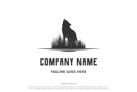 Retro Vintage Howling Wolf with Grass Savanna Logo Design Vectorのイラスト素材