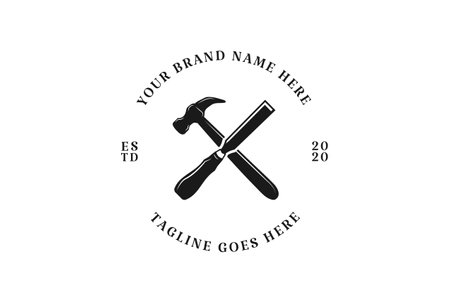Rustic Crossed Hammer and Chisel for Carpenter or Woodworking Logo Design Vectorのイラスト素材