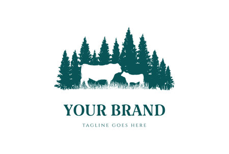 Pine Cedar Spruce Evergreen Cypress Larch Hemlock Fir Trees Forest with Angus Cow Bull for Cattle Livestock Farm Logo Design Vectorのイラスト素材