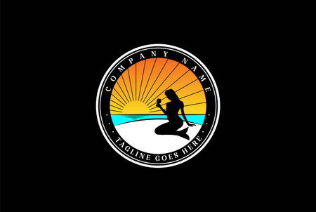Sunset Beach with Mermaid Girl Silhouette for Bar Pub Logo Design Vectorのイラスト素材