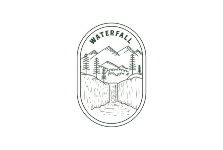 Vintage Retro Pine Evergreen Fir Larch Cypress Conifer Trees Forest with Mountain and Waterfall Badge Emblem Label Logo Designのイラスト素材