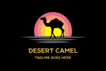 Sunset Sunrise Desert Camel Silhouette Logo Design Vectorのイラスト素材