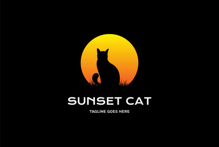 Sunset Sunrise Cat Silhouette with Grassland for Pet Logo Designのイラスト素材