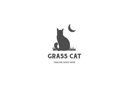 Simple Sitting Cat Silhouette with Grass and Crescent Moon Logo Design Vectorのイラスト素材