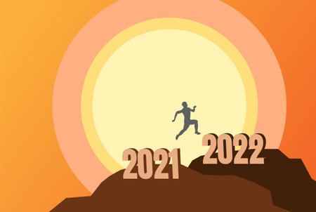 Jumping Man Male from 2021 to 2022 with Sunrise Background Illustration Vectorのイラスト素材
