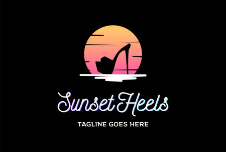 Sunset Night Moon with Sexy High Heels Silhouette for Bar Nightclub Dancer Strip Club Logo Design Vectorのイラスト素材