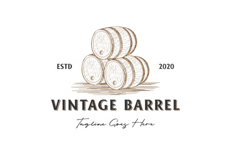 Vintage Hand Drawn Wooden Barrel Keg Vat for Craft Beer Brewing Brewery Logo Design Vectorのイラスト素材