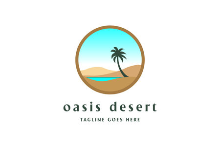 Circular Arabian Oasis Desert Lake with Palm Date Logo Design Vectorのイラスト素材