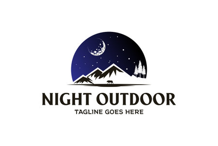 Night Mountain Pine Cedar Spruce Fir Trees with Wolf for Wilderness Adventure Logo Design Vectorのイラスト素材