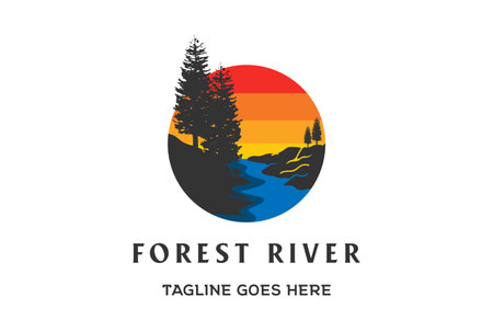 Sunset Pine Evergreen Conifer Cedar Spruce Larch Cypress Fir Trees Forest with River Creek Logo Design Vectorのイラスト素材