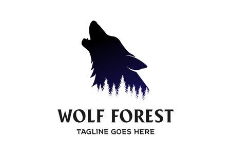 Vintage Retro Howling Wolf Silhouette with Pine Cedar Evergreen Fir Trees Forest Logo Design Vectorのイラスト素材