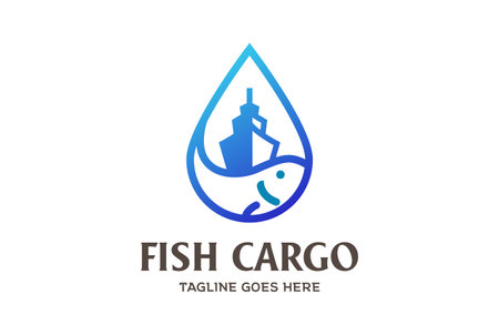 Water Drop with Fish and Ship Vessel for Fisherman Logo Design Vectorのイラスト素材