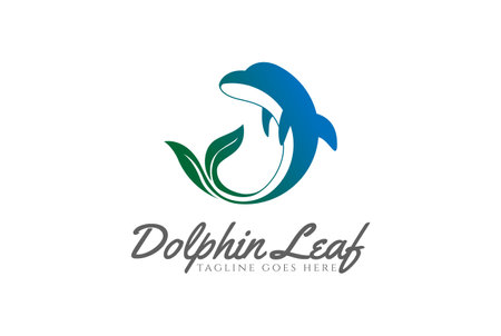 Jumping Ocean Dolphin Fish with Green Leaf Tail Logo Design Vectorのイラスト素材