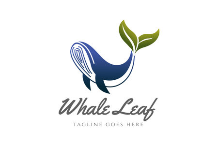 Simple Minimalist Ocean Whale Fish with Green Leaf Tail Logo Design Vectorのイラスト素材