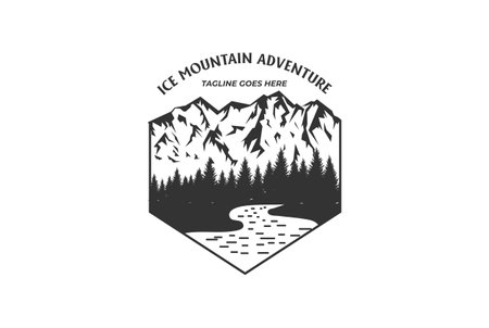 Ice Mountain with Pine Cedar Conifer Evergreen Cypress Larch Fir Trees Forest and River Creek for Outdoor Adventure Badge Emblem Stamp Logo Designのイラスト素材