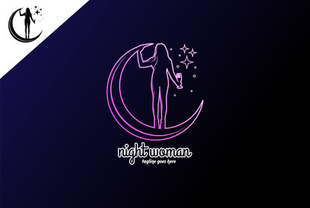 Sexy Hot Woman Lady Girl Female with Night Crescent Moon Star and Wine Glass for Bar Pub Dancer Logo Designのイラスト素材