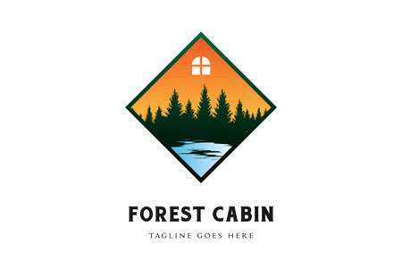 Square House with Pine Cedar Conifer Evergreen Fir Cypress Larch Trees Forest and River Creek for Cabin Chalet Cottage Camp Logo Design Vectorのイラスト素材