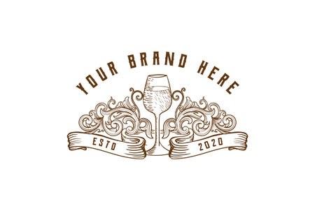 Vintage Retro Hand Drawn Wine Glass with Ornament Border and Ribbon Label Logo Design Vectorのイラスト素材