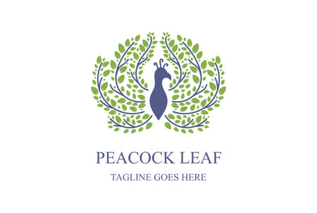 Peacock Peafowl Bird with Fresh Green Leaf Leaves Foliage Logo Design Vectorのイラスト素材