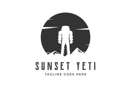 Vintage Sunset Ice Mountain with Standing Yeti Logo Designのイラスト素材