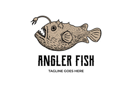 Retro Vintage Hand Drawn Sketch Ocean Angler Fish Logo Design Vectorのイラスト素材