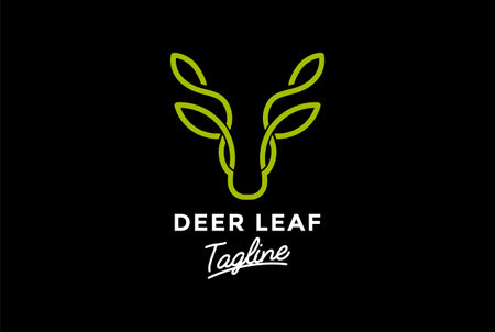 Simple Minimalist Deer Antler Elk Stag with Green Leaf Plant Tree Line Monogram Logo Designのイラスト素材